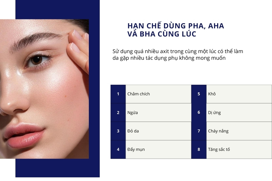 Cân nhắc khi kết hợp PHA với AHA hoặc BHA để tránh tác dụng phụ Cân nhắc khi kết hợp PHA với AHA hoặc BHA để tránh tác dụng phụ