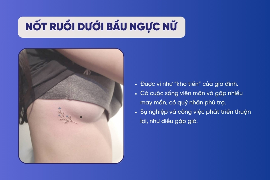 Nốt ruồi ở dưới ngực phải hay trái phụ nữ là biểu tượng cho sự viên mãn và may mắn, mang lại nhiều lợi ích trong cuộc sống và sự nghiệp. Nốt ruồi dưới bầu ngực nữ - Cuộc sống viên mãn, có quý nhân phù trợ