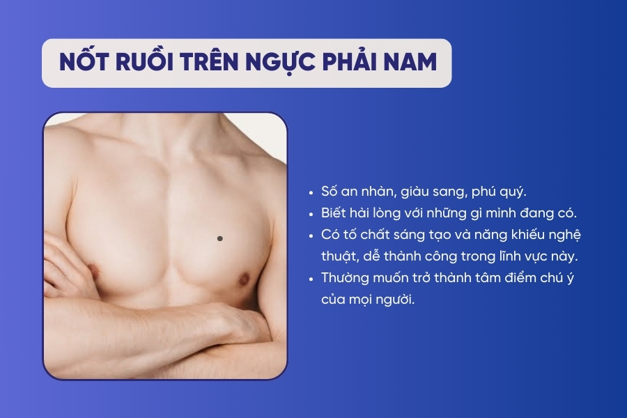Nốt ruồi ở ngực phải nam giới thường có sự sáng tạo, linh hoạt trong công việc. Nốt ruồi trên ngực phải nam - An nhàn, không lo “cơm áo gạo tiền”