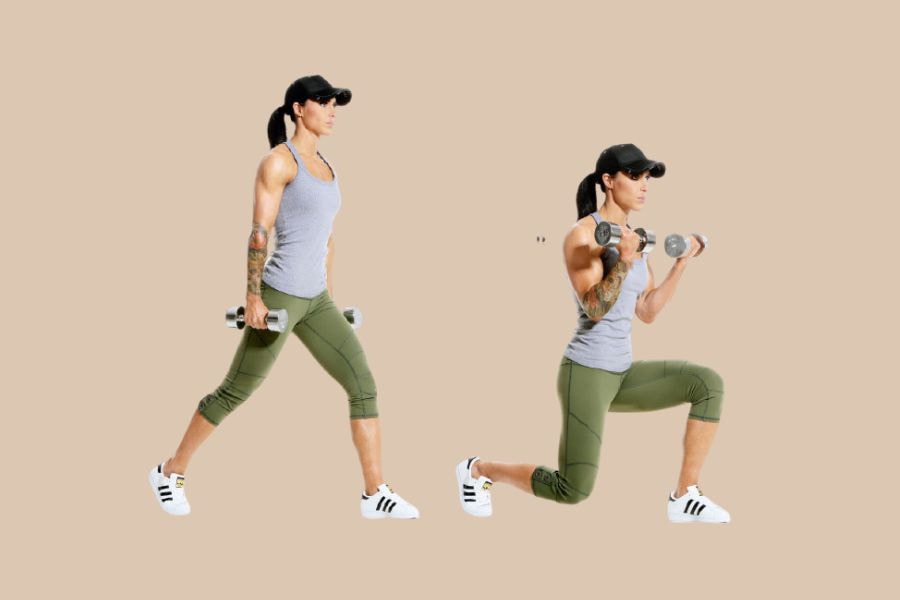 Thao tác tập Lunges with Bicep Curl